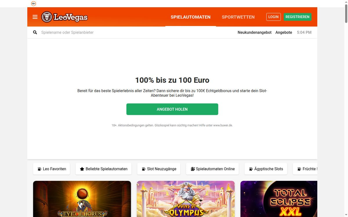 Screenshot: Startseite der Online-Spielothek LeoVegas (Juli 2026)