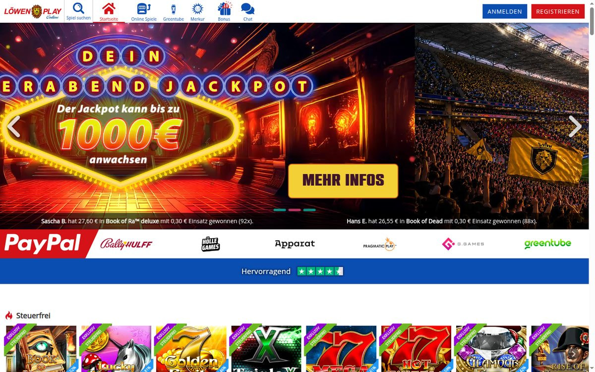 Screenshot: Startseite der Online-Spielothek Löwen Play (Juli 2026)