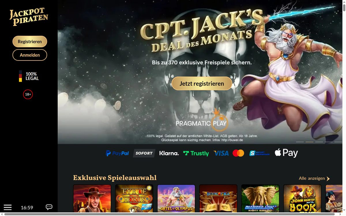 Screenshot: Startseite der Online-Spielothek JackpotPiraten (Juli 2026)