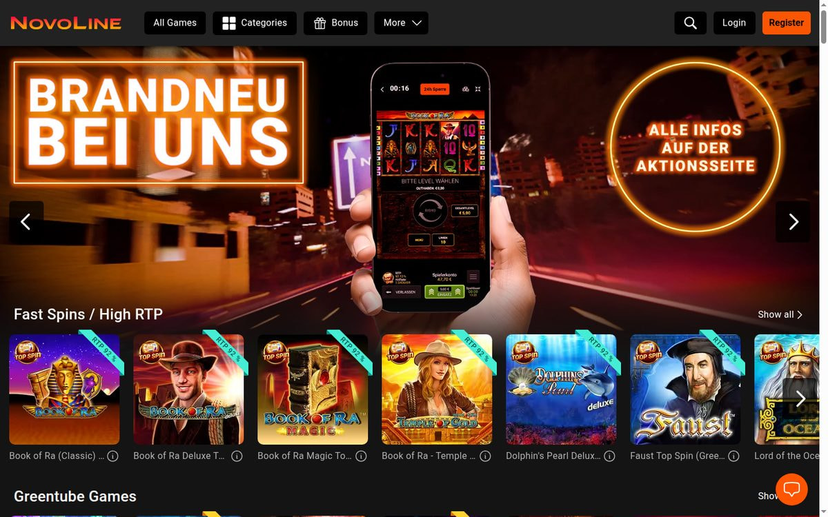Screenshot: Startseite der Online-Spielothek Novoline (Juli 2026)