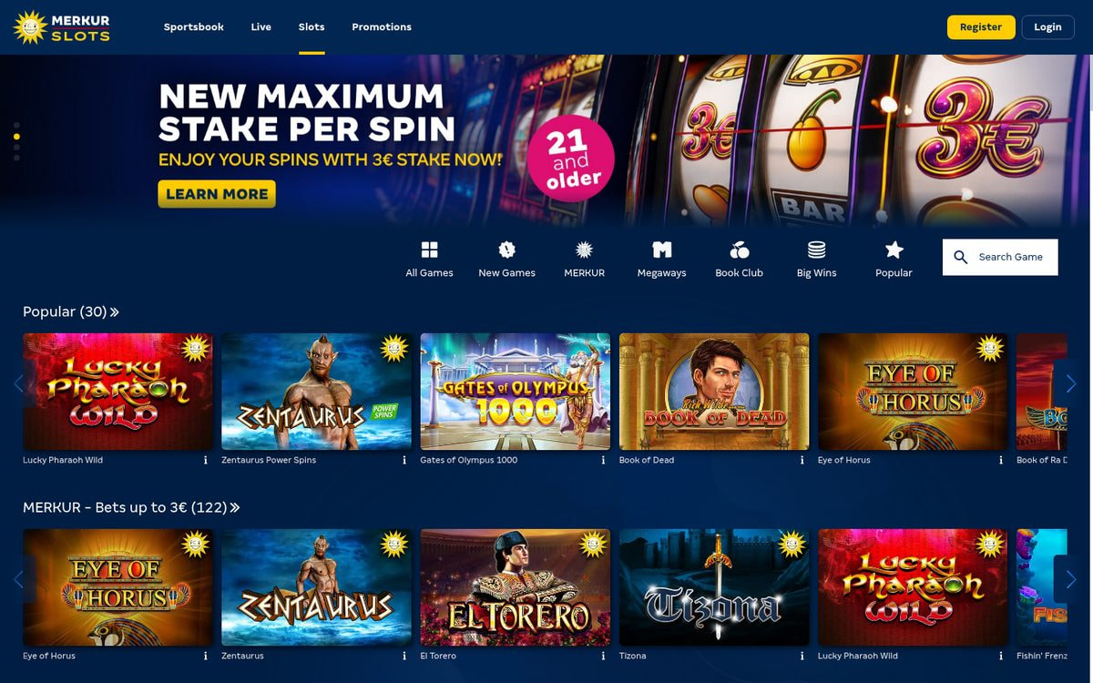 Screenshot: Startseite der Online-Spielothek Merkur Slots (Juli 2026)
