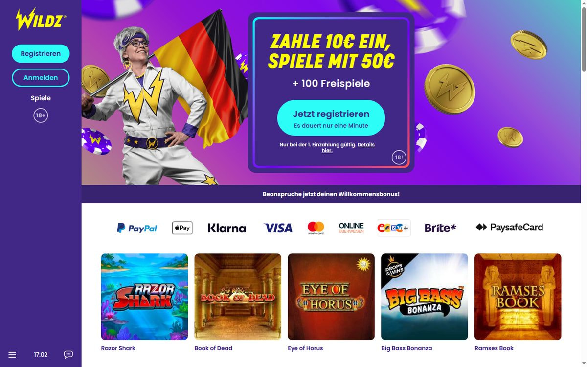 Screenshot: Startseite der Online-Spielothek Wildz (Juli 2026)